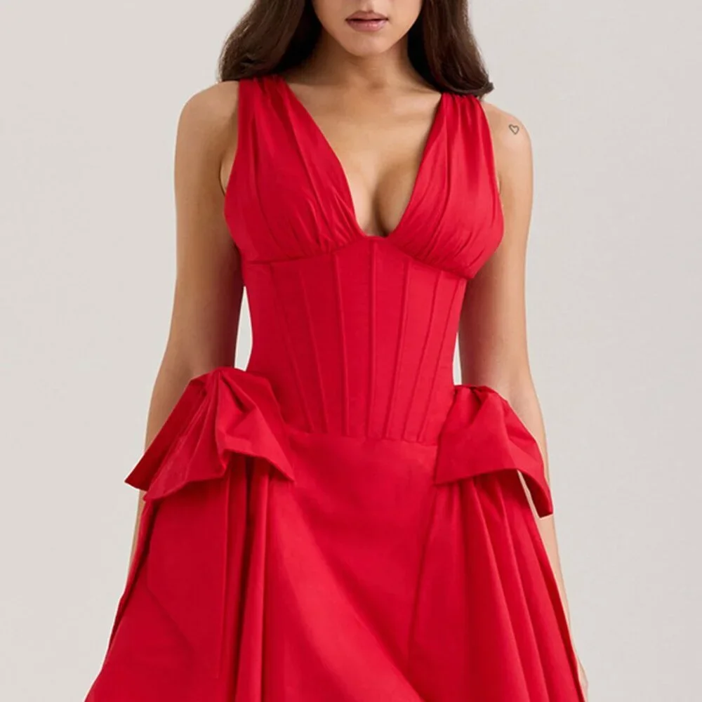 Bow V-Neck Sleeveless Mini Dress | New Formal Zipper Boned Dress - Picture 4 of 9
